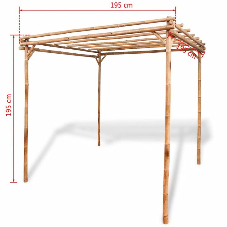 a wooden pergola with measurements for the top and bottom section, on a white background