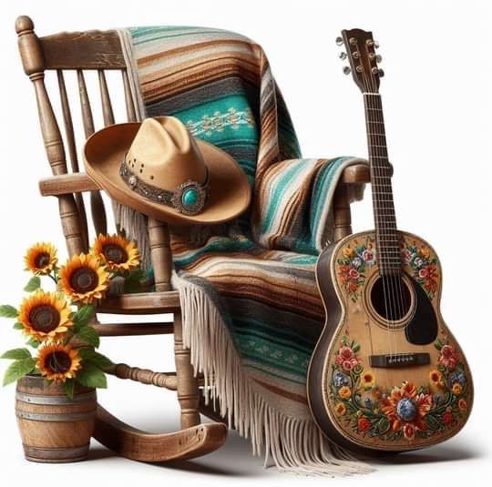 an old rocking chair with a cowboy hat on it and sunflowers next to it