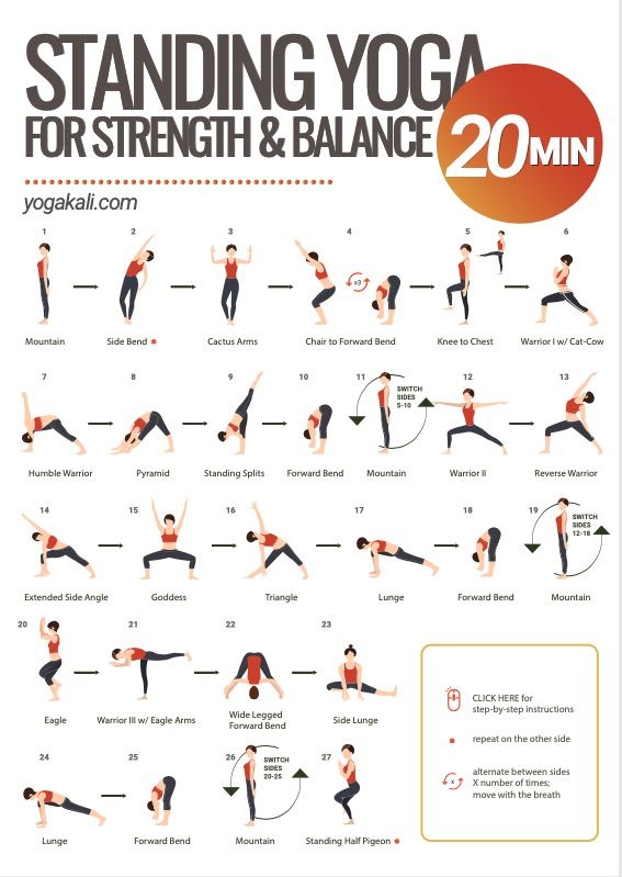 the poster shows how to do standing yoga for strength and balance in 20 mins