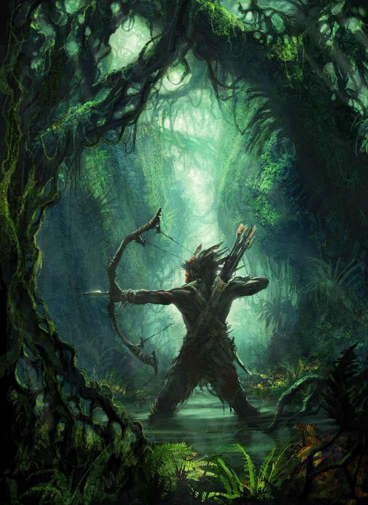 a painting of a man in the middle of a forest