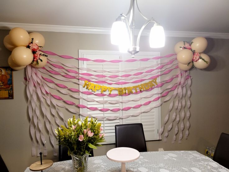 a party decoration with balloons and streamers on the wall above a dining room table