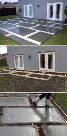 two pictures showing the process of building a house with cement and concrete flooring on it