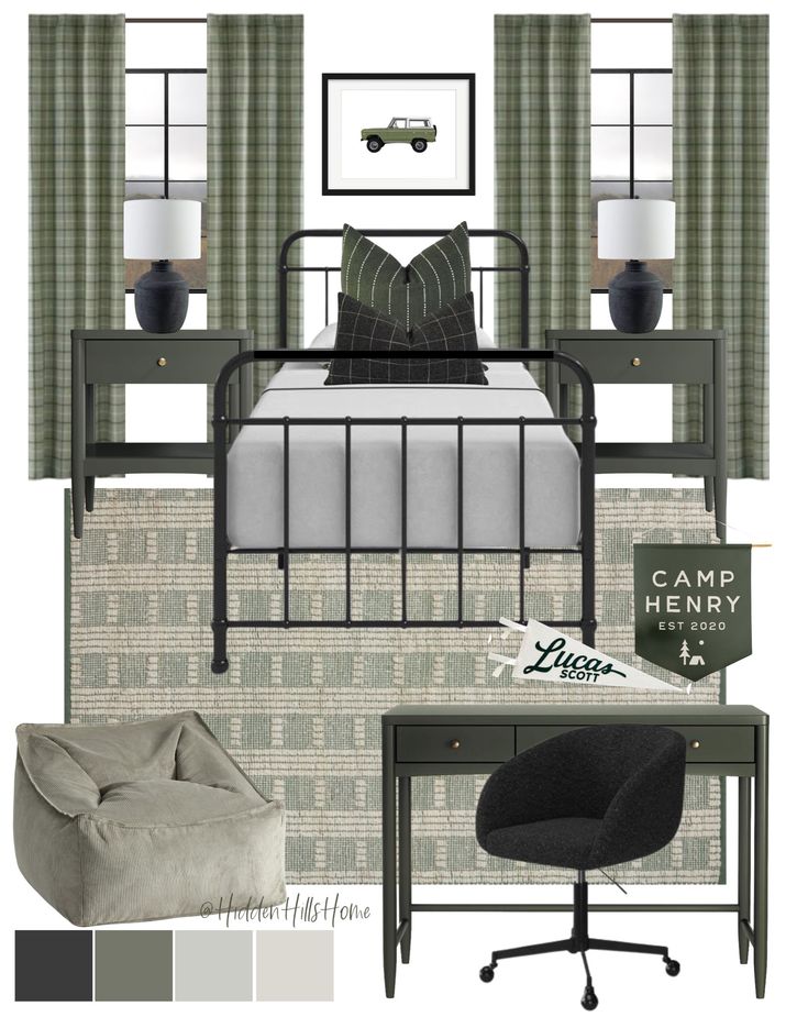 a bedroom with green and gray decor, including a bed, desk, chair, lamp, and window