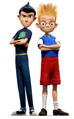 two cartoon boys standing next to each other with their arms crossed in front of them