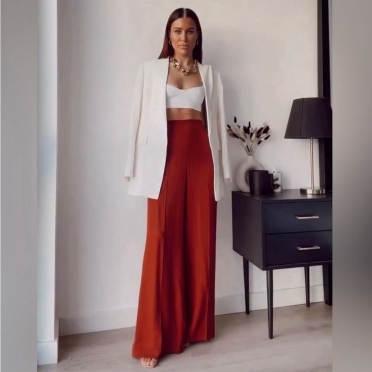 Blouse And Pants Small Size. Summer Date Night Wide Leg Pants, Summer Date Night Full Length Wide Leg Pants, Chic Wide Leg Full Length Pants For Day Out, Chic Full-length Summer Pantsuit, Zara Wide Leg Formal Pantsuit, Chic Summer Full Length Pantsuit, Chic Full Length Summer Pantsuit, Zara Formal Wide-leg Pantsuit, Elegant High Waist Wide Leg Pants For Day Out