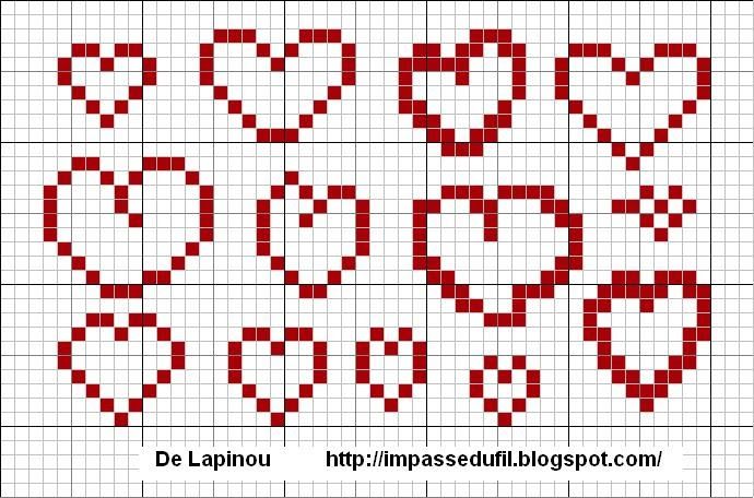 a cross stitch pattern with the words love and two hearts in red on white background