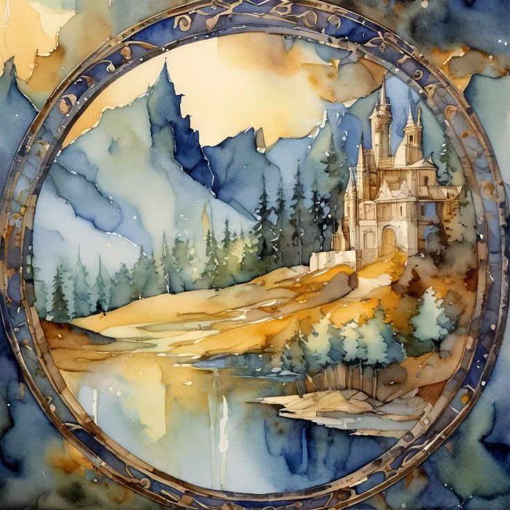 a watercolor painting of a castle in the woods