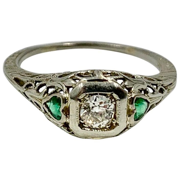 Art Deco Emerald Heart Diamond Wedding Engagement Ring 18 Karat White Gold Art Nouveau Engagement Ring, Romantic Wedding Rings, Art Deco Emerald, Edwardian Engagement Ring, Emerald Wedding Rings, Emerald Wedding, Gold For Sale, Heart Motif, Stacking Ring Set