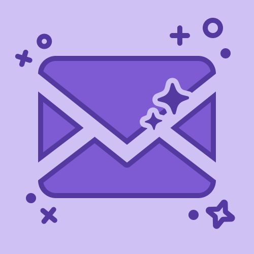 an open envelope with a star in the middle and stars coming out of it, on a purple background