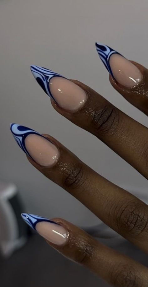 Blue Nail Inspo Acrylic Almond, Cool Nail Inspo Blue, Blue Almond Shaped Nails, Summer Oval Nails, Navy Nails Design, Blue Almond Nails, Nails Designs Almond, Blue Stiletto Nails, Almond Blue Nails