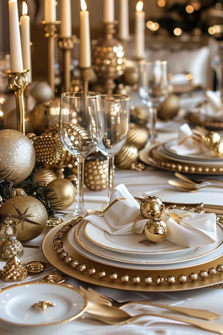 the table is set with gold and white plates, silverware, and christmas decorations