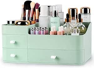 BREIS Designs Makeup Organizer With Drawers, Chic Countertop Storage for Cosmetics Elegant Vanity Holder for Brushes, Eyeshadow, Lotions, Lipstick, Nail Polish and Jewelry (Green) Makeup Organizer Ideas Small Spaces, Bedroom Countertop, Makeup Holder Organizers, Dressing Table Organisation, Desk Makeup, Makeup Brush Organizer, Lipstick Nail, Nail Polish Jewelry, Countertop Bathroom