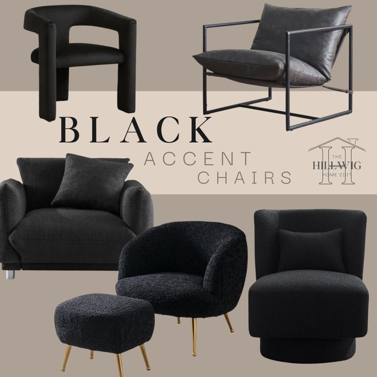 black accent chairs and footstools are featured in this ad for the furniture store