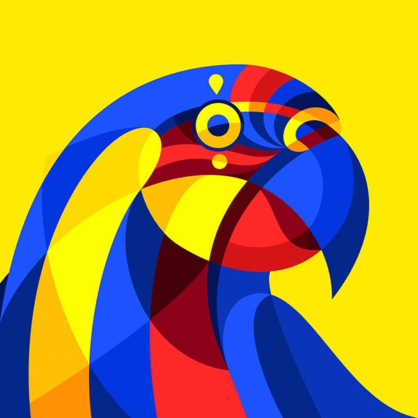 a colorful bird with big eyes on a yellow background is featured in the image, it appears to be an abstract painting