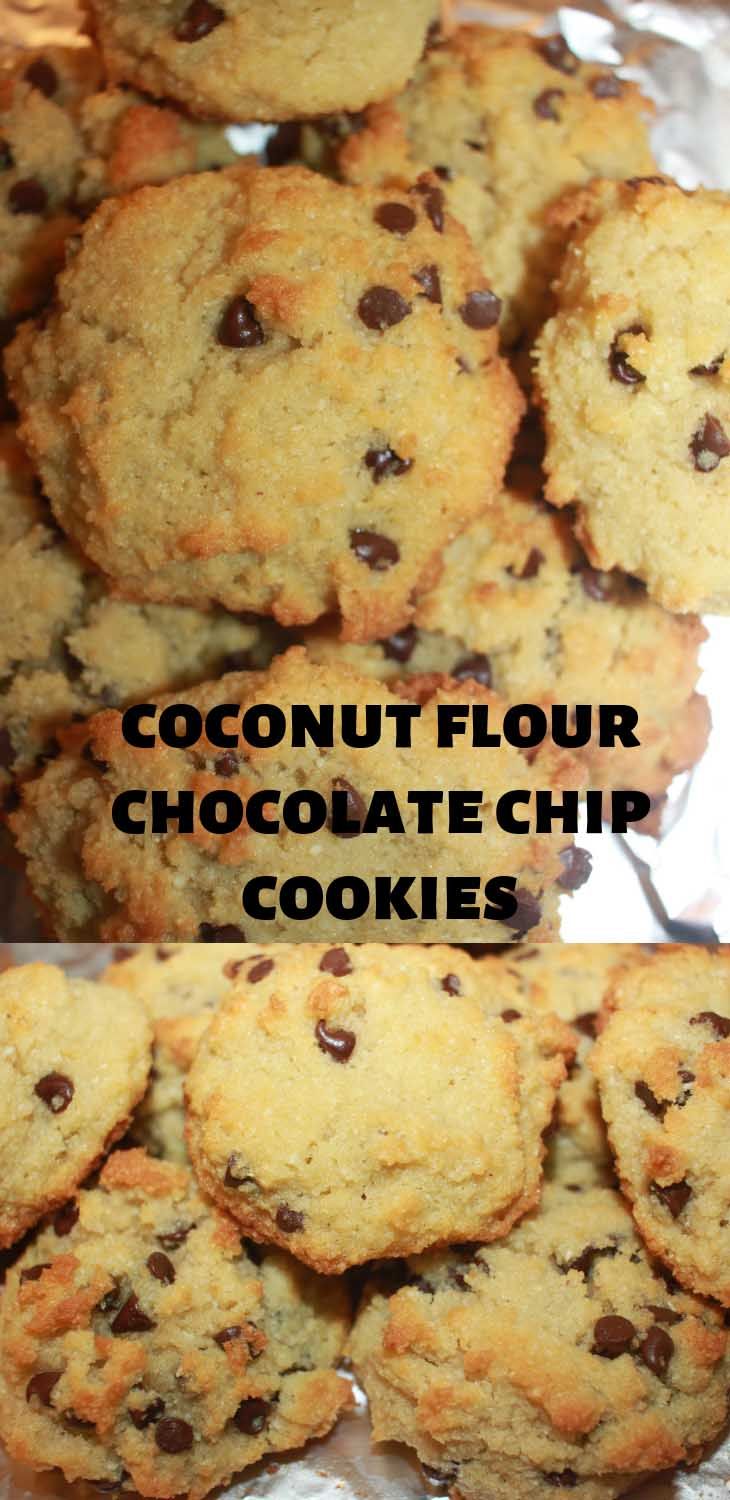 chocolate chip cookies with the words coconut flour chocolate chip cookies on top and below them