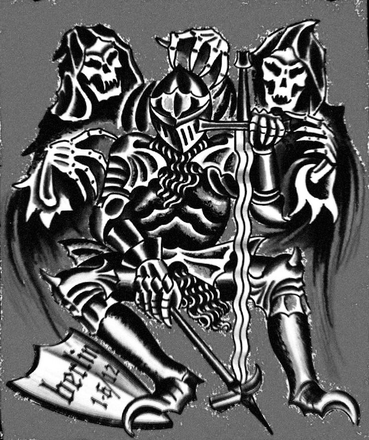 a black and white drawing of a demon holding a sceptacle with two skulls on it