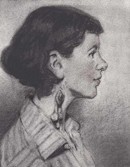 a black and white drawing of a woman's profile with her hair pulled back