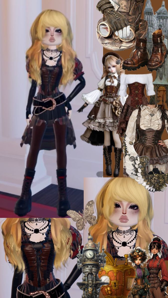 Theme: steampunk #dti #theme #steampunk #dresstoimpress #roblox #viral Steampunk Dress, Overlays Cute, Aesthetic Roblox Royale High Outfits, Game Dresses, Steam Punk, Fantasy Clothing, Steampunk Fashion, Beautiful Outfits, Fashion Games