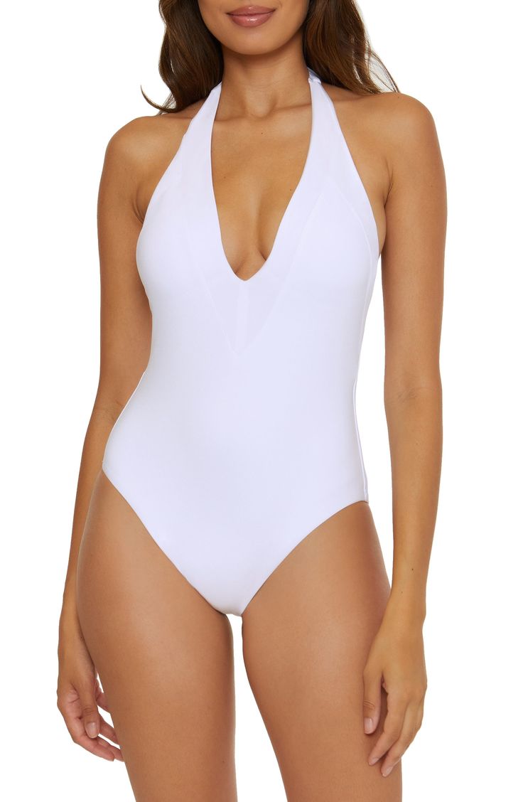 A low back brings sunny flair to this plunging one-piece swimsuit. Ties at neck Halter plunge neck Adjustable tie straps Moderate back coverage 83% nylon, 17% spandex Hand wash, line dry Imported Elegant V-neck Tie Back Swimwear, Chic Low Back Swimwear For The Pool, Chic Low Back Swimwear For Pool, Elegant Low Back Swimwear For Summer, White Low Back Swimwear For Swimming, Elegant Low Back Swimwear For Vacation, Chic Summer Swimwear With Solid Back, Elegant Summer Swimwear With Back Closure, White Backless Swimwear With Tie Back