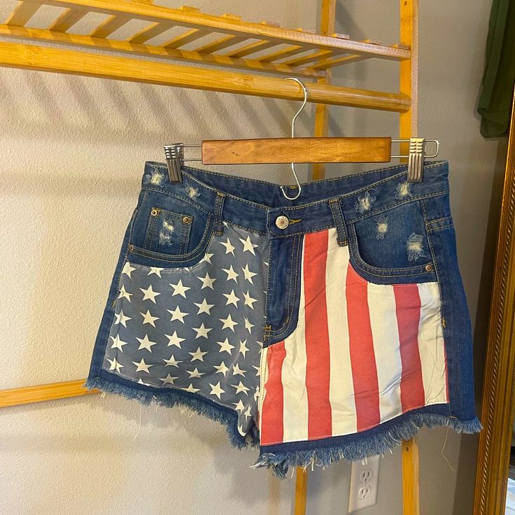 American Flag Shorts Nwot Size:L High Waist Short Shorts Fringe American Flag Patterned Front Casual High Waist Bottoms With American Flag Print, Casual High-waist Bottoms With American Flag Print, Casual Flag Print Bottoms For Beach, Casual Bottoms With Flag Print For Beach, Casual Beach Bottoms With Flag Print, Patriotic American Flag Print Beach Bottoms, American Flag Print Bottoms For Summer Beach, American Flag Print Bottoms For Beach In Summer, American Flag Print Beach Bottoms For Summer