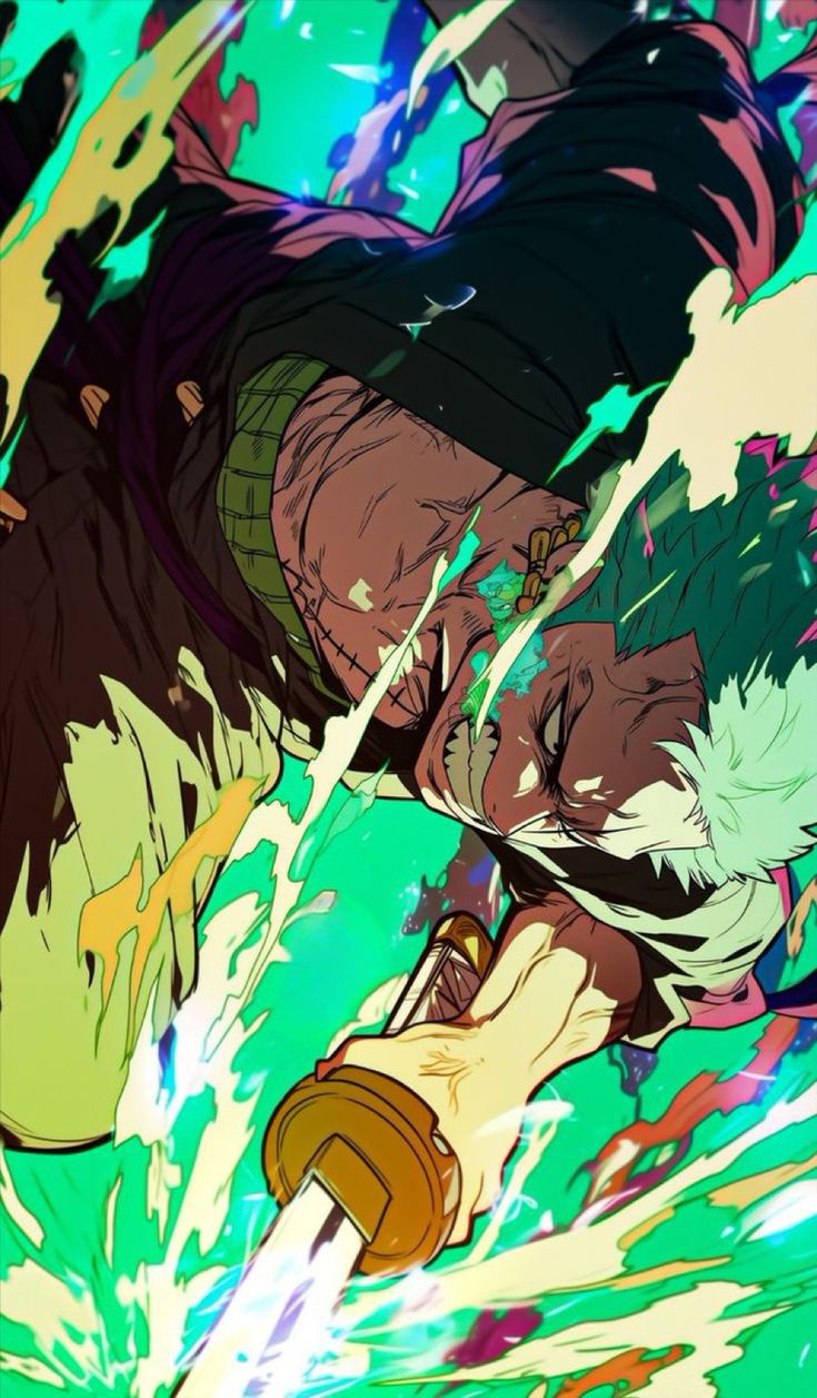 an anime character with green and yellow paint splashing on his face, in the air