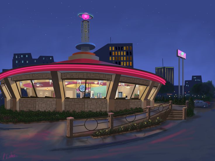 a digital painting of a diner in the middle of a city at night with lights on