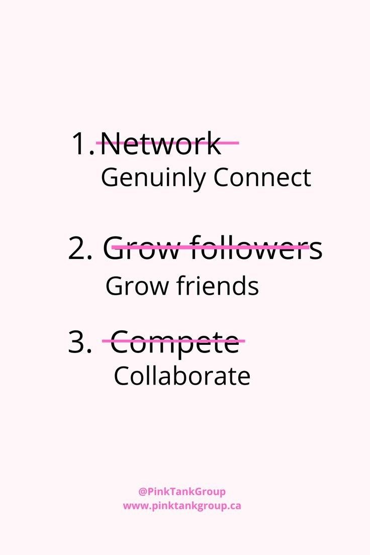 a pink poster with the words network, geniusly connect 2 grow followers 3 compete collaborate