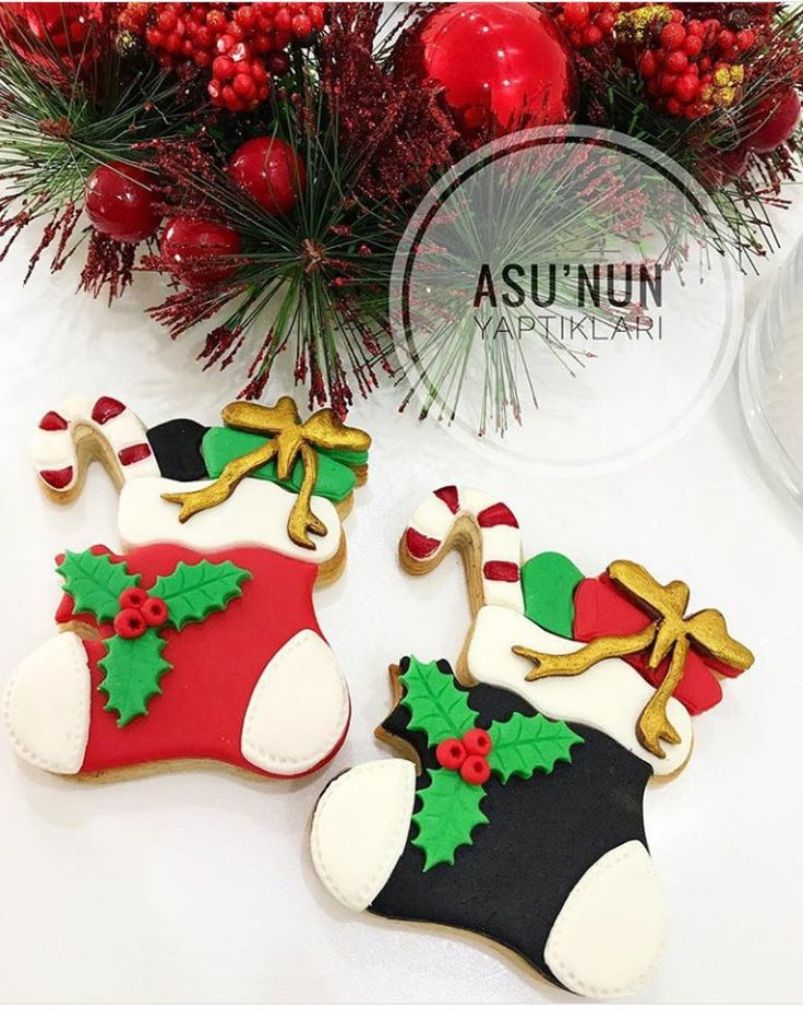 two decorated christmas cookies sitting on top of a table