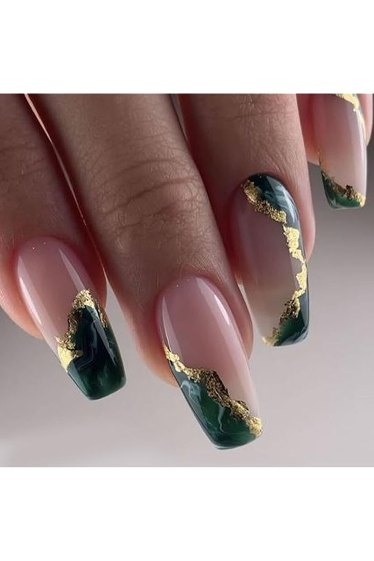 Nails With Dark Green, Nails Pink Acrylic, Clear Glitter Nails, Gold Gel Nails, Emerald Nails, Bridesmaids Nails, Gold Acrylic Nails, Designer Nails, Natural Nail Designs