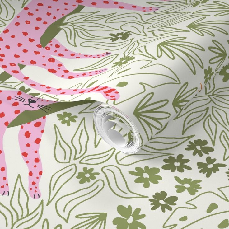 a pink and green wallpaper with a giraffe on it's side