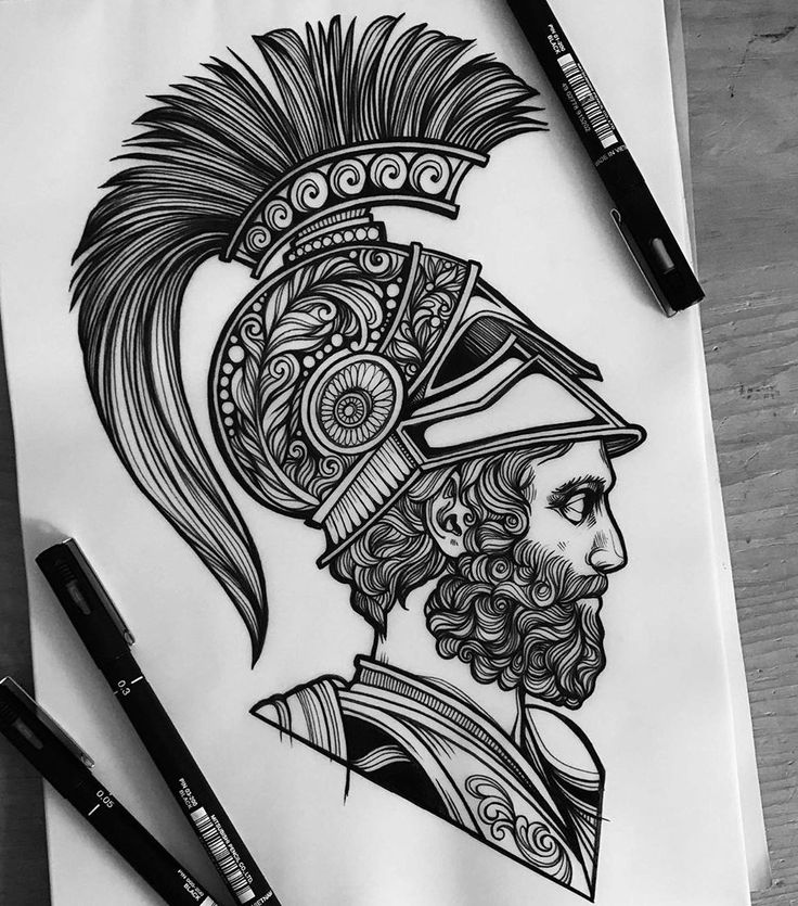 a black and white drawing of a man with a helmet on top of his head