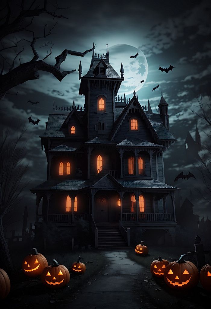 a creepy house with pumpkins in front of it