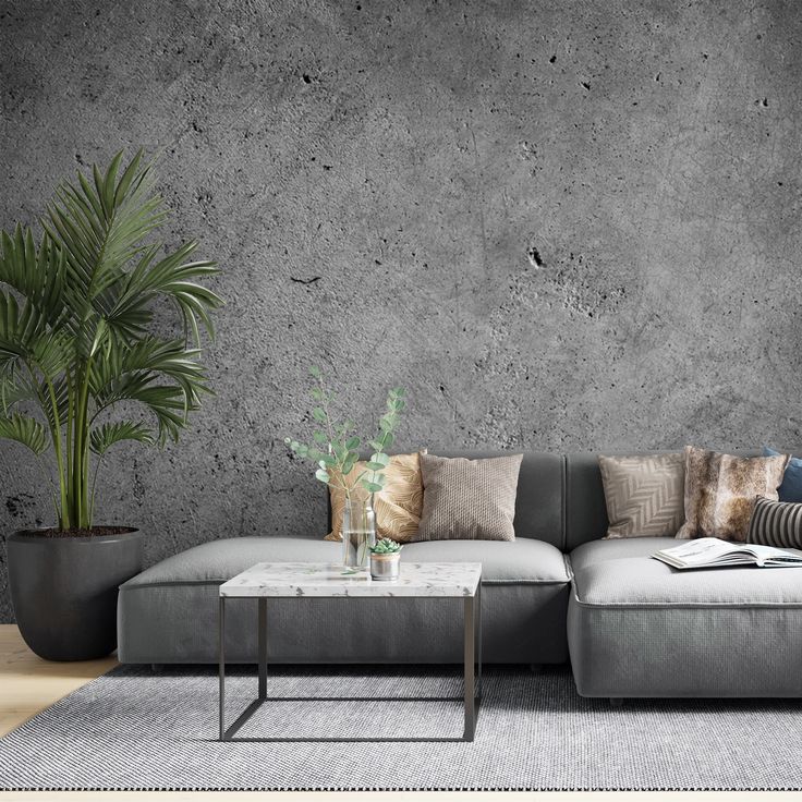 a living room with concrete walls and grey couches, potted plants and pillows