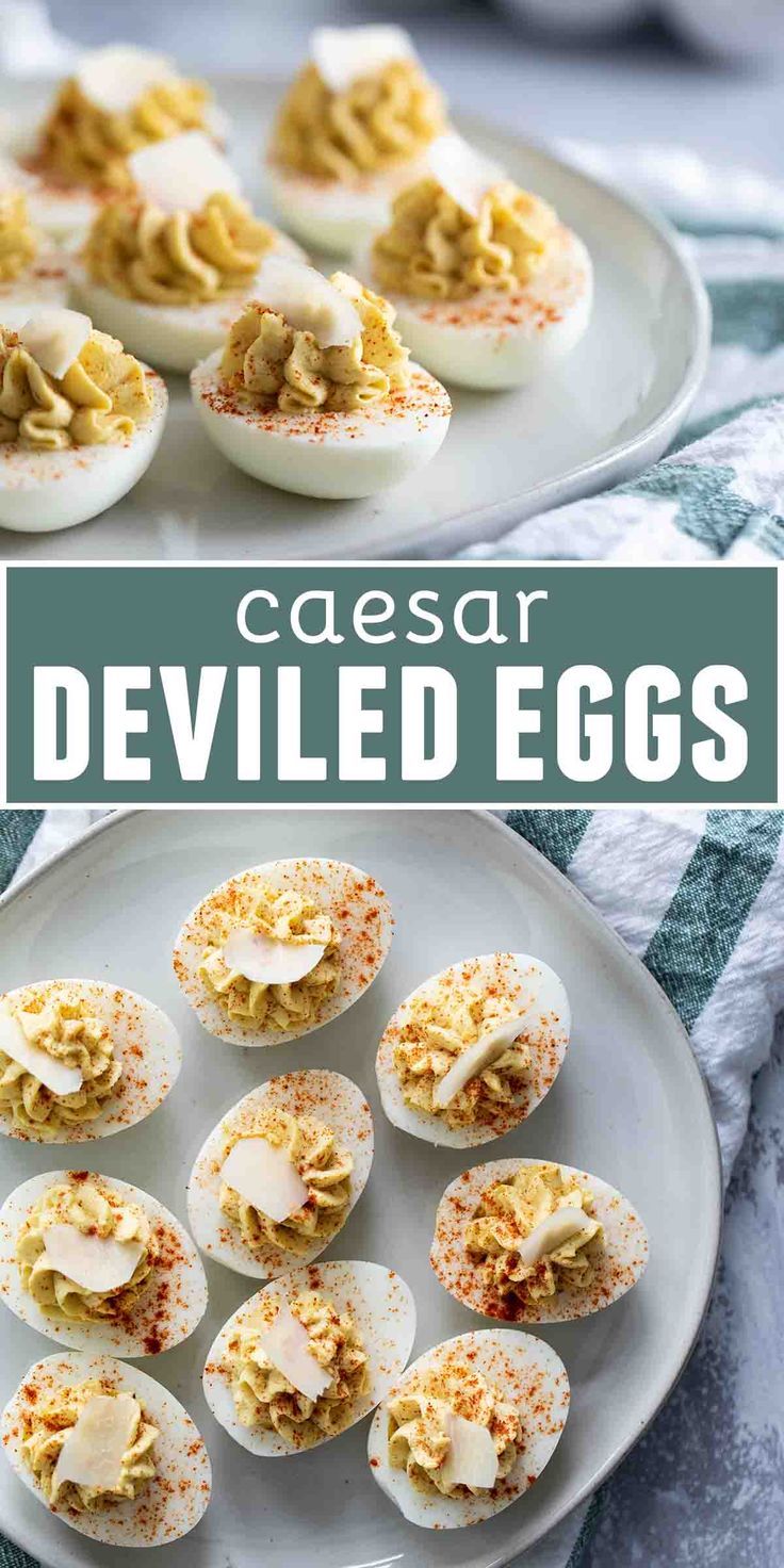 deviled eggs on a white plate with text overlay that reads ceasar deviled eggs