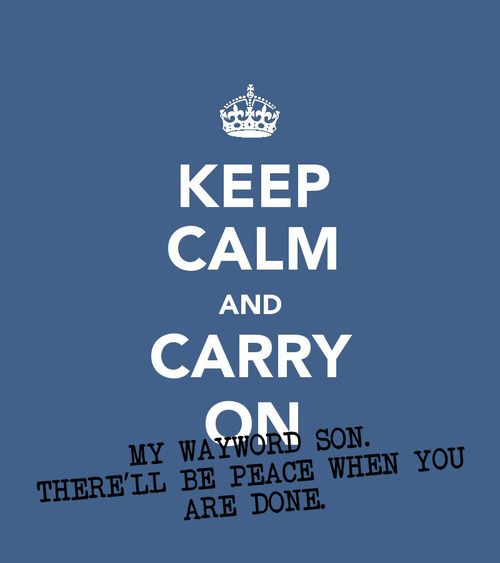 a blue poster with the words keep calm and carry on