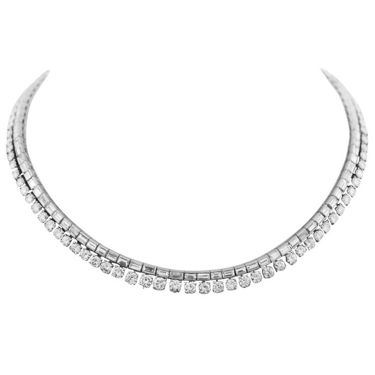 Platinum Diamond necklace set with approximately 30 carats of diamonds (16 carats of round diamonds, and 14 carats of baguette diamonds). The quality of the diamonds are F/G in color and VS in clarity. The length of the necklace is 16 inches. Metal Type: Platinum Riviera Necklace, Riviere Necklace, Forever Necklace, Baguette Necklace, High Fashion Jewelry, Jewelry Design Drawing, Expensive Jewelry Luxury, Bridal Diamond Jewellery, Art Deco Diamond Rings