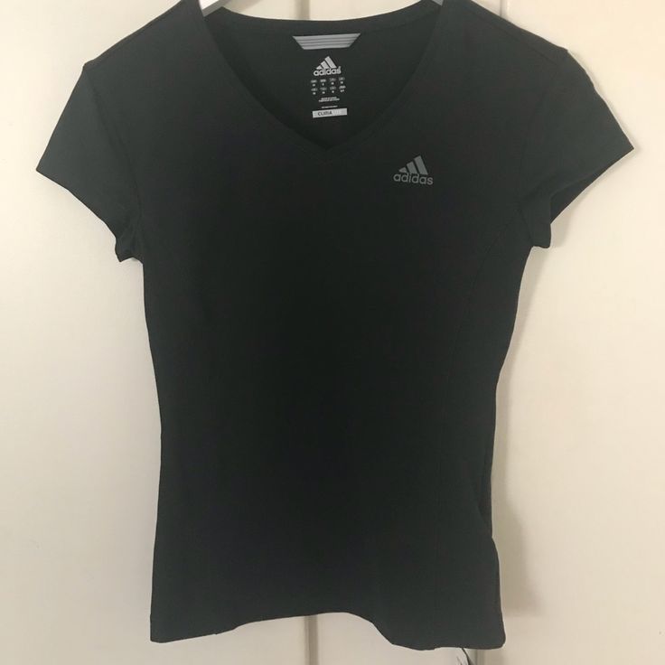 New Woman’s Adidas Black Tshirt In Size S Black V-neck T-shirt For Athleisure, Black V-neck T-shirt In Athleisure Style, Adidas Graphic Print Workout T-shirt, Adidas Workout T-shirt Short Sleeve, Adidas Black Athleisure T-shirt, Adidas Workout Tops With Short Sleeves, Adidas Black Athleisure Tops, Black Stretch Adidas Tops, Adidas Fitted Short Sleeve Tops