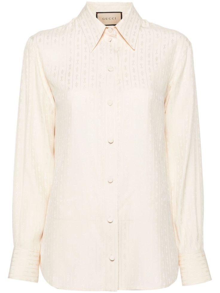 beige silk satin weave signature Horsebit patterned jacquard pointed flat collar front button fastening long sleeves with buttoned cuffs curved hem Gucci Formal Button-up Blouse, Gucci Button-up Blouse For Formal Occasions, Gucci Spring Collared Blouse, Gucci Collared Blouse For Spring, Gucci Collared Blouse For Formal Occasions, Elegant Gucci Button-up Blouse, Gucci Formal Collared Blouse, Gucci Silk Blouse For Spring, Chic Gucci Collared Blouse