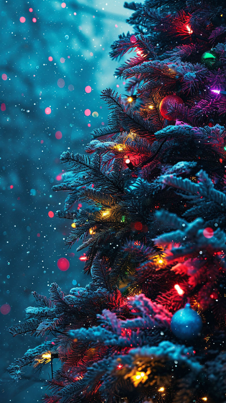 a christmas tree is lit up with colorful lights and snow flakes in the background