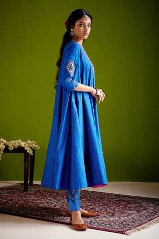 Blue woven chanderi block printed embroidered long anarkali. Paired with a scallop detailed pant and green silk organza dupatta. - Aza Fashions Designer Blue Cutdana Kurta, Diwali Blue Cotton Silk Anarkali Set, Blue Cotton Silk Churidar With Zari Work, Blue Chanderi Floor-length Kurta, Semi-stitched Cotton Silk Blue Anarkali Set, Indigo Anarkali Traditional Wear With Dupatta, Blue Cotton Silk Kurta For Navratri, Blue Anarkali Kurta With Dupatta, Festive Indigo Anarkali Set With Dupatta