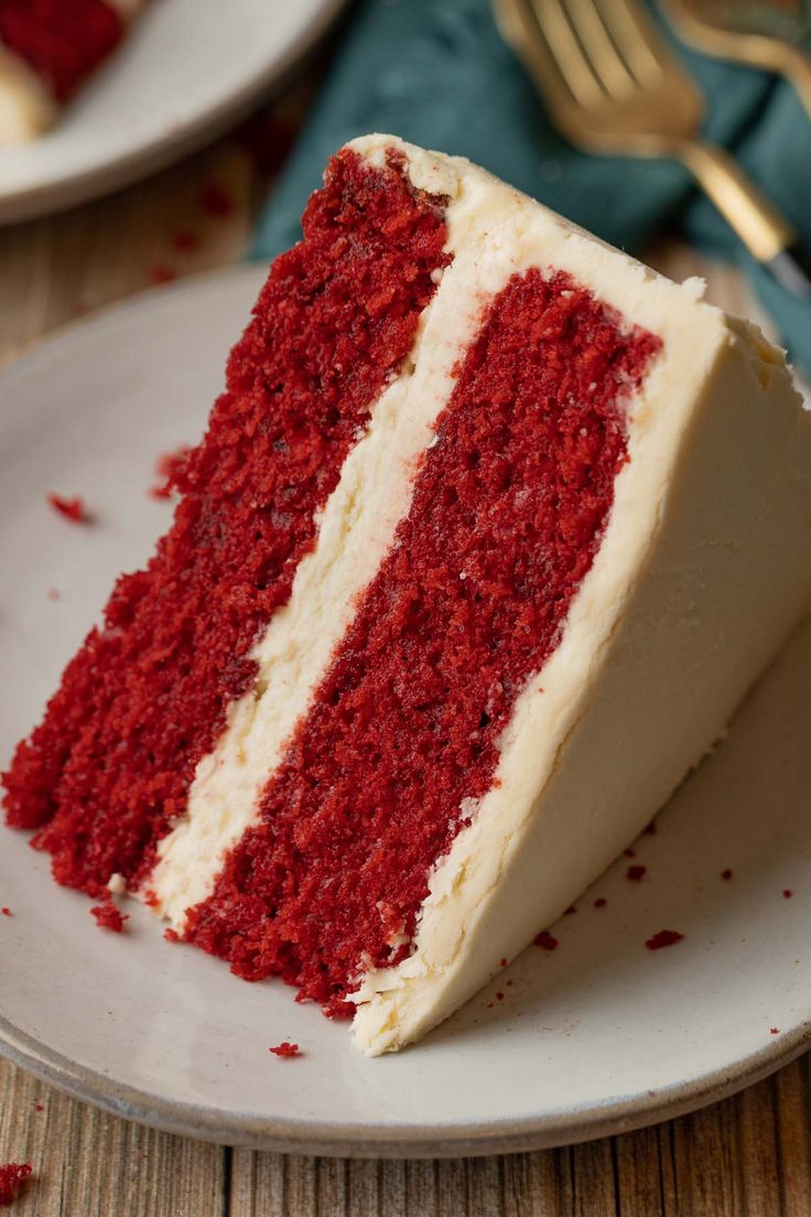 a slice of red velvet cake on a plate