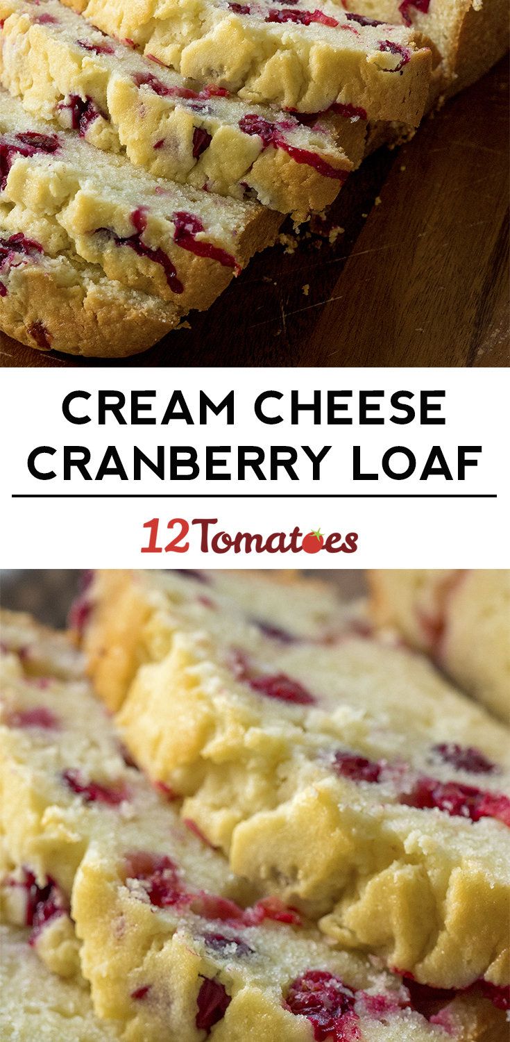 cranberry loaf with cream cheese on top, and another photo of the bread