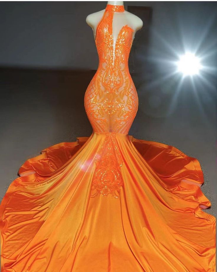 Sleeveless Orange Prom Dress, Orange Stretch Dress For Party, Orange Stretch Evening Dress, Fitted Orange Floor-length Dress, Orange Fitted Floor-length Dress, Glamorous Orange Gala Dress, Glamorous Orange Dress For Gala, Orange Floor-length Gown For Gala, Fitted Orange Homecoming Dress