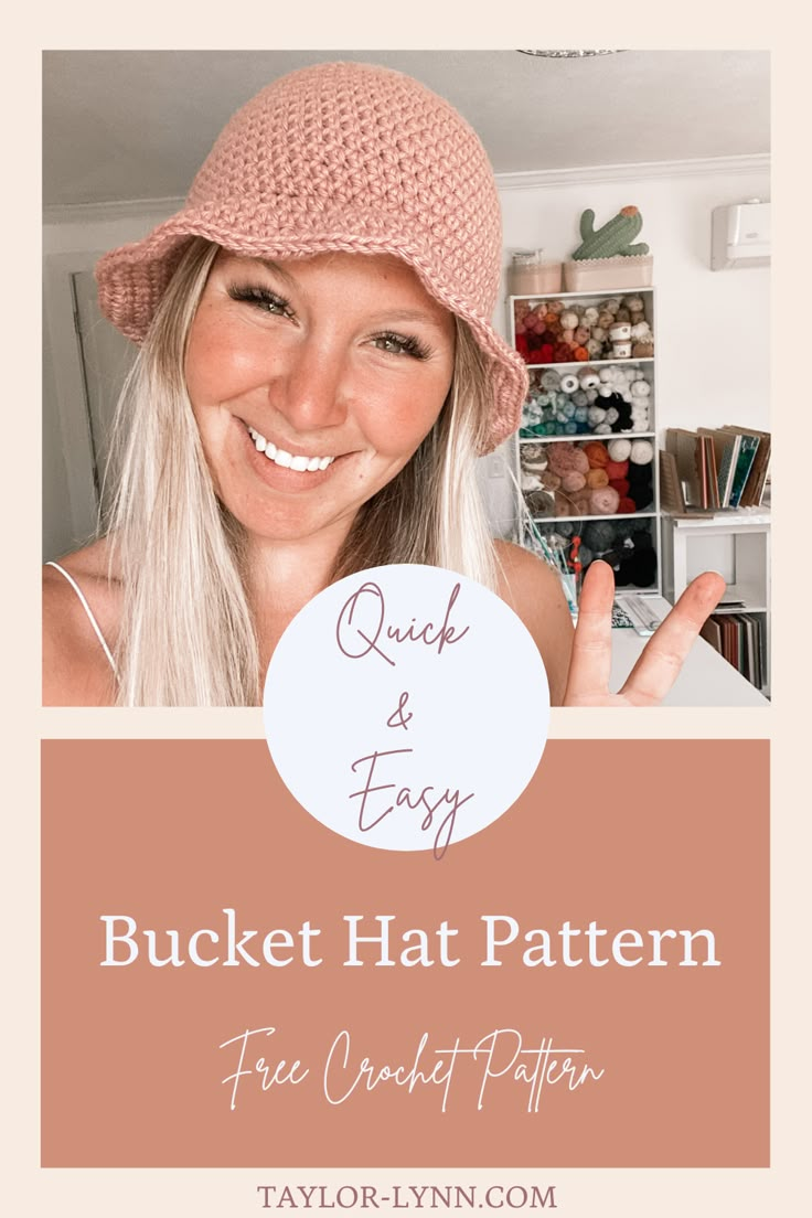 a woman wearing a pink hat with the text quick and easy crochet hat pattern