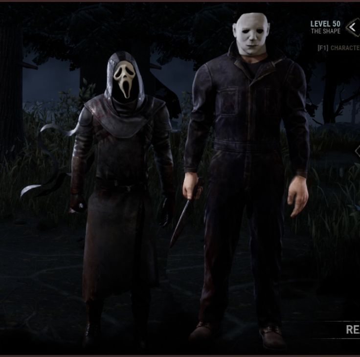 two people standing in the dark with masks on and one person wearing a mask holding a knife