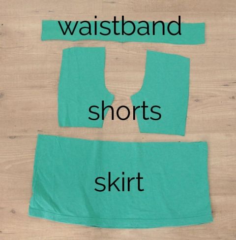 two pieces of green cloth with the words waistband shorts and shirt cut out on them