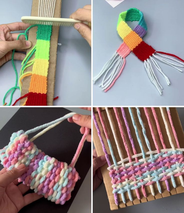 four pictures showing how to make a weaving project