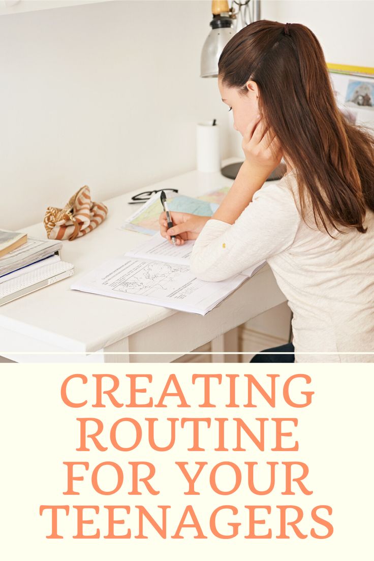 a woman sitting at a desk writing on a piece of paper with the words creating routine for your teenagers