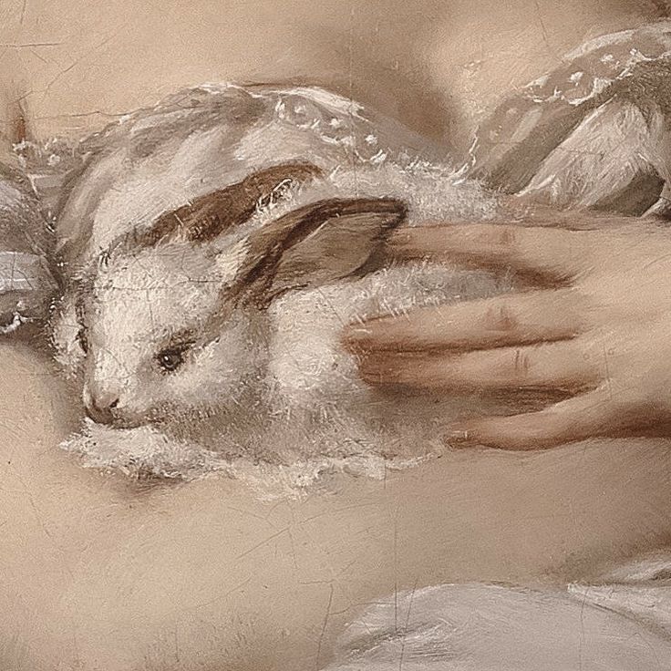 a painting of a woman holding a baby lamb in her arms and touching it's breast