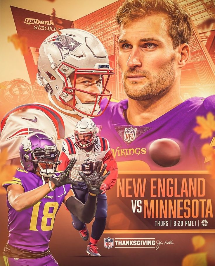 two football players are shown in front of an orange and yellow background with the words new england vs minnesota